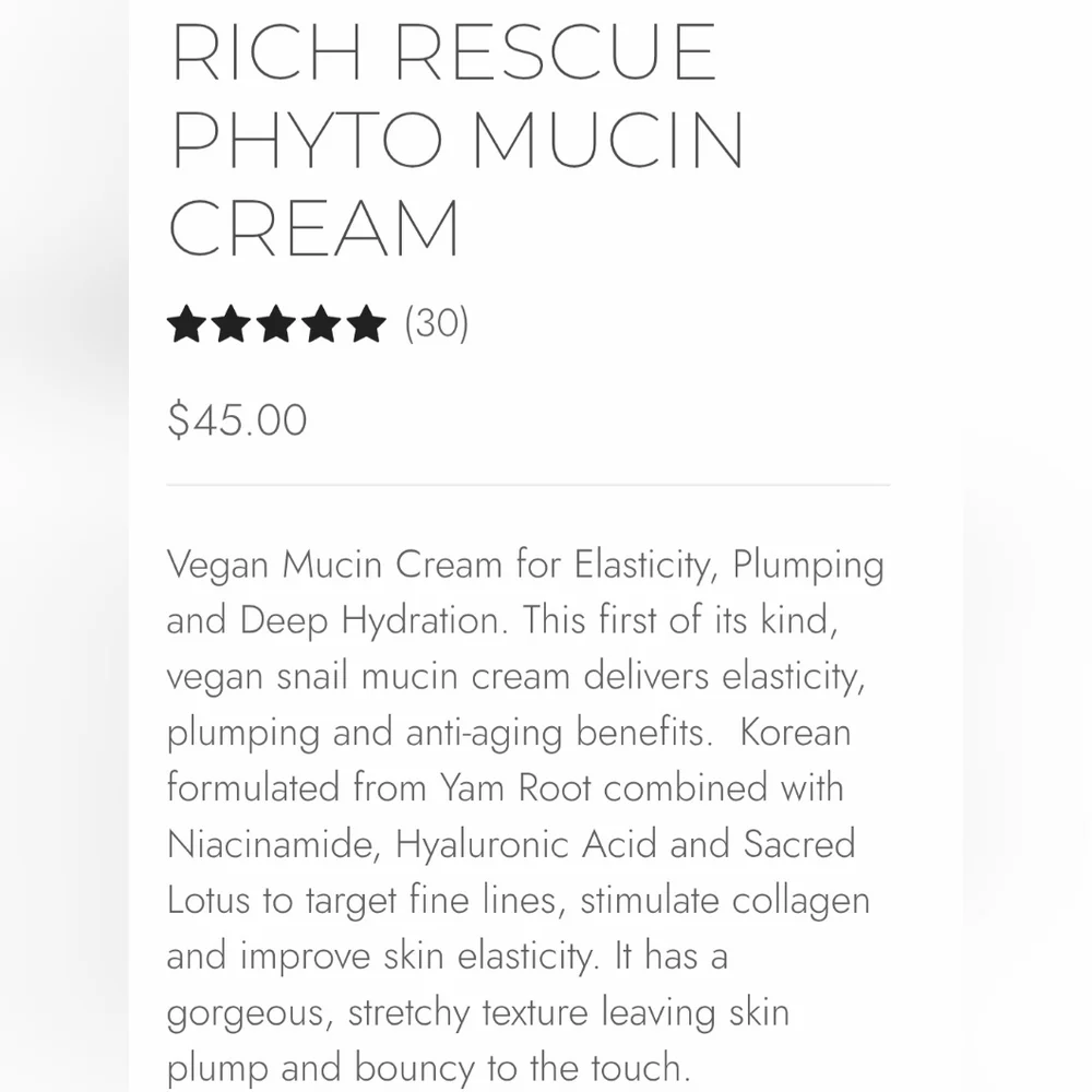 SAINT JANE Rich Rescue Phyto-Mucin Cream Vegan Snail W Niacinamide 1.7oz NEW